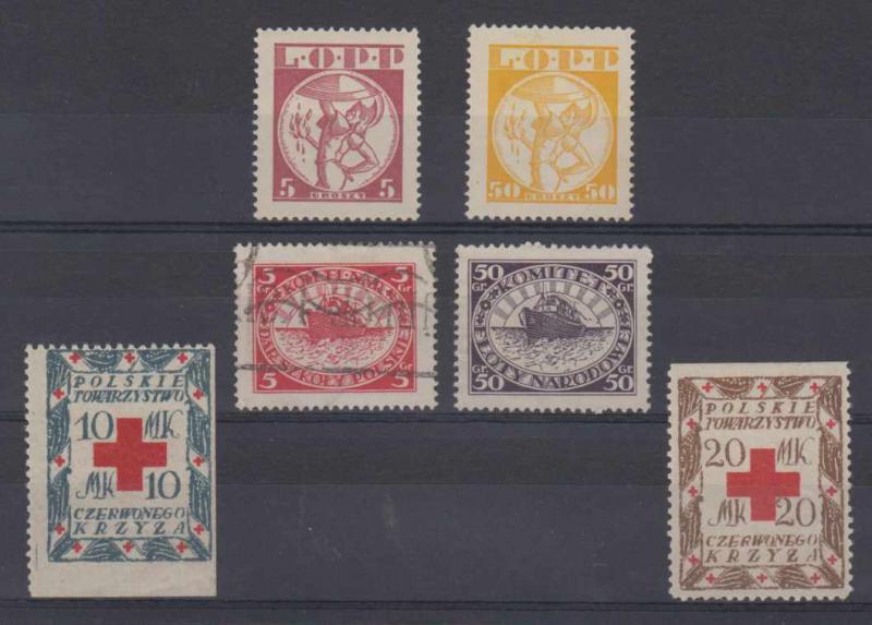 POLAND 1920 LABELS LOOP, FOM & POLISH RED CROSS 6 ITEMS MINT & USED