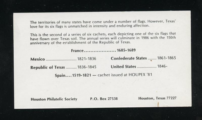 US 1880 HOUPEX 82 Second Flag over Texas France Cvr Houston Phil. Soc. Cachet UA