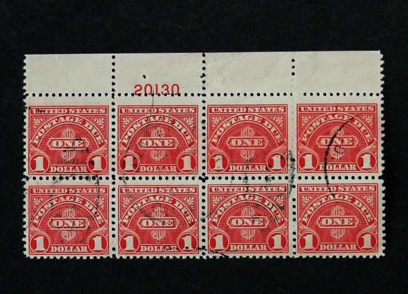 US Stamps Postage Due Sc #J77a Used Top Plate # Block of 8 Light