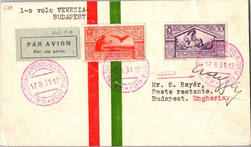 1931 Italy First Flight Cover Air Mail Venice to Budapest Hungary FFC