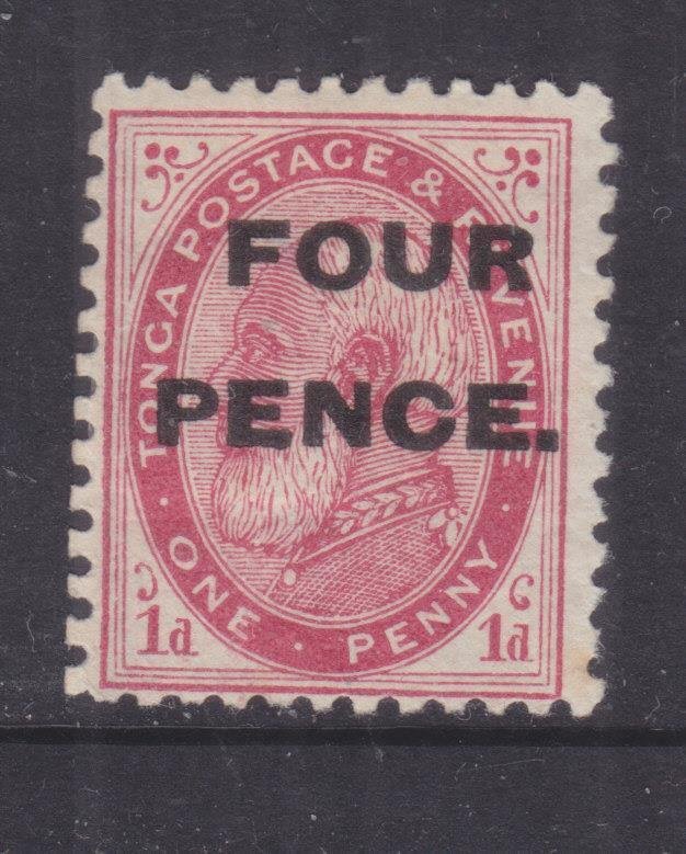 TONGA, 1891 FOUR PENCE on 1d. Carmine, heavy hinged.