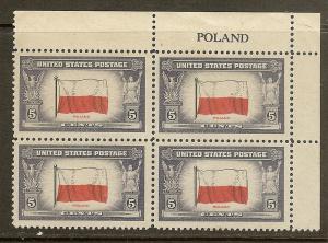 Scott #909, 5c Overrun Countries-Poland, Blk of 4, MNH