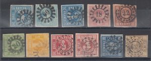 Bavaria Sc 2/12 used 1849-1862 issues, 11 diff incl Scott listed shades, F-VF