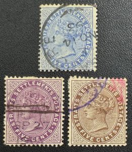 MALAYA STRAITS SETTLEMENTS QV 5c Wmk CA Varieties Used SG#65/99/100 M5660