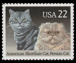 US 2375 American Cats American Shorthair & Persian 22c single (1 stamp) MNH 1988