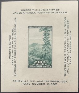Scott #797 1937 10¢ Society of Philatelic Americans souvenir sheet unused HR
