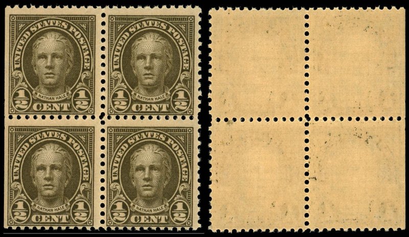 US Sc 551 MNH BLOCK of 4 - 1925 ½¢ -Nathan Hale -Pf 11, Flat Press