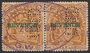 RHODESIA 1907 'REVENUE' on Arms £20 yellow-brown, pair. Very rare. 