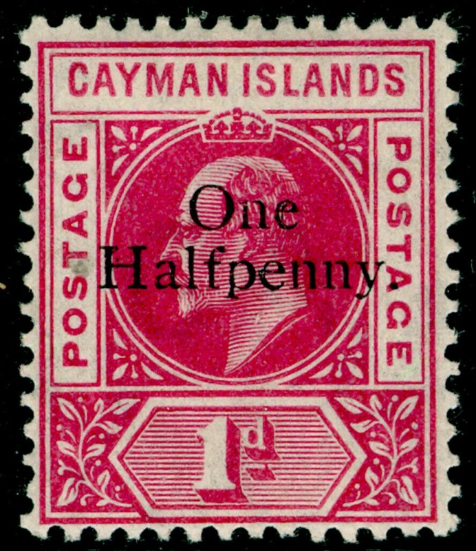 CAYMAN ISLANDS SG17, ½d on 1d carmine, LH MINT. Cat £60.