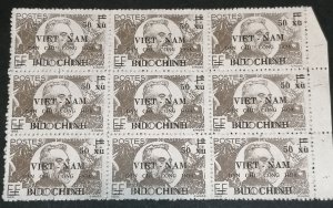 Vietnam 50xu/1c 1946 Indochina stamp overprinted block of 9 MNH