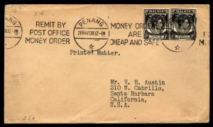 Straight Settlements Malaya/Penang 1938 cover to Santa Barbara California