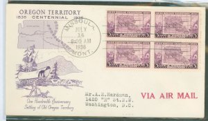 US 783 1936 3c Oregon Territory (block of four) on an addressed FDC with a Missoula, MT cancel and a Grimsland cachet