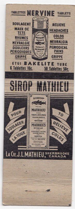 Canada Revenue 1/5¢ Excise Tax Matchbook NERVINE TABLETS/SIROP MATHIEU