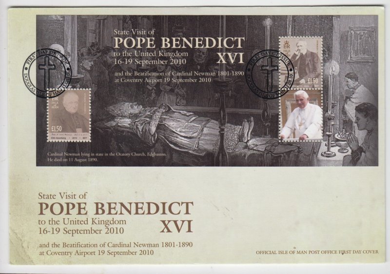 Isle of Man -  2009,  Pope Benedict XV1,   Miniature sheet,  on FDC