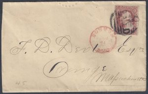 US 1850s BOSTON MASS IN RED & PAID IN BLACK TYING 3¢ WASH TYPE I ON EMBOSSED ADV