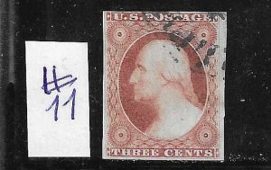 US #11 1851-57 WASHINGTON 3 CENT (ORANGE BROWN) IMPERFORATE- USED