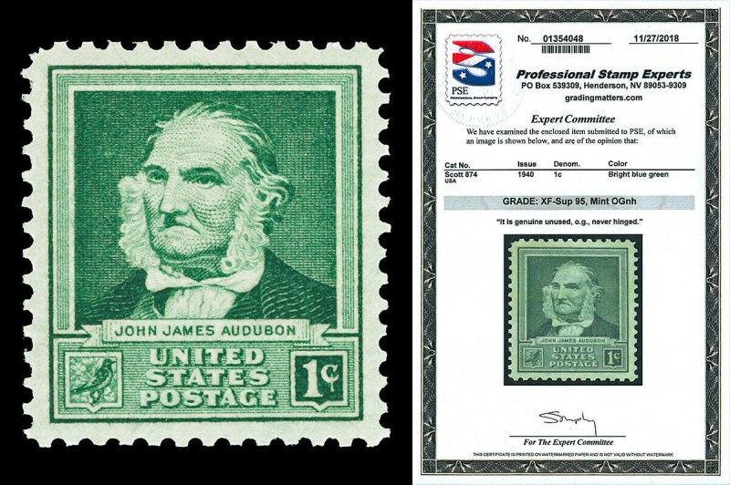 Scott 874 1940 1c Audubon Famous Americans Mint Graded XF-Sup 95 NH w/ PSE CERT!