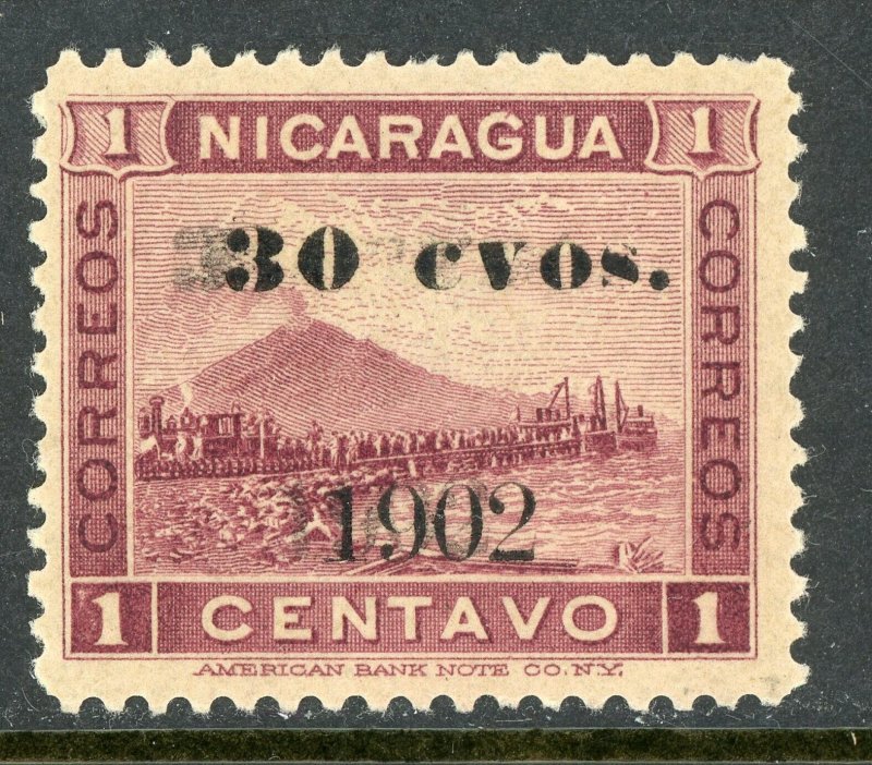 Nicaragua 1902 Momotombo 30¢ on 1¢ Plum DOUBLE Sc # 163 Mint Y753