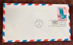 D)1969, UNITED NATIONS, CIRCULATED LETTER, FIRST DAY OF ISSUE, AIRMAIL, FDC