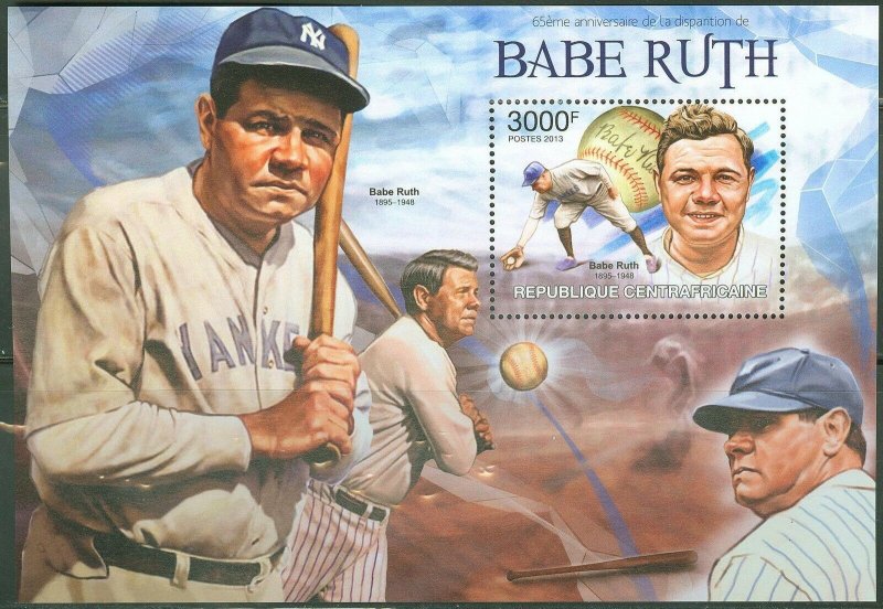 CENTRAL  AFRICA 2013 65th MEMORIAL ANNIVERSARY BABE RUTH S/SHEET  MINT  NH