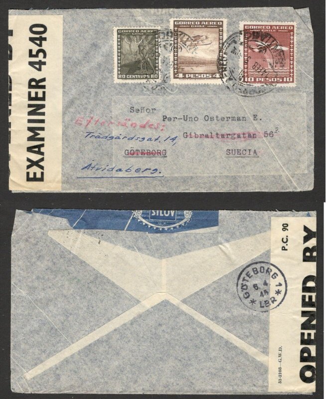 CHILE TO SWEDEN  - AIRMAIL CENSORSHIP COVER - 1945.