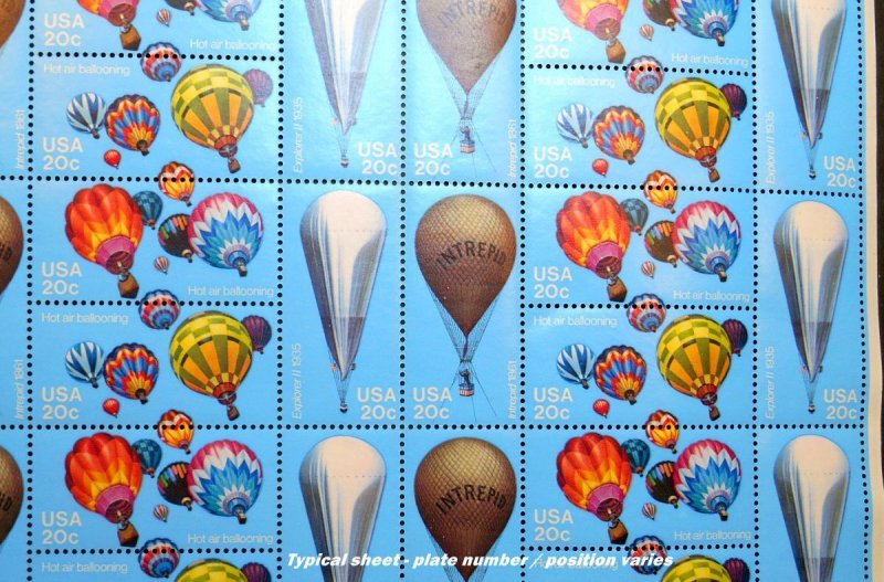 1983 Hot Air Balloons 20c Sc 2065a mint sheet of 50 ballooning 4 designs Typical