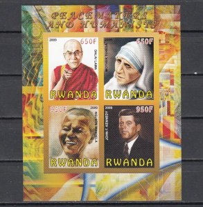 Rwanda, 2009 Cinderella issue. M.Teresa, Dalai, Kennedy, M.L.King. IMPF sheet.