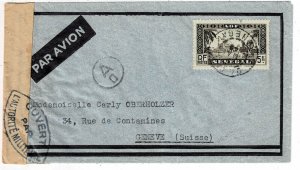 Senegal 1940 Dakar cancel on airmail cover to Switzerland, censored, Scott 169