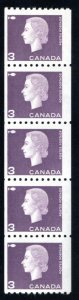 Scott 407, Canada, Strip of 5, 3c Coil, F, MNHOG, purple, 1962-1963 Cameo Issue