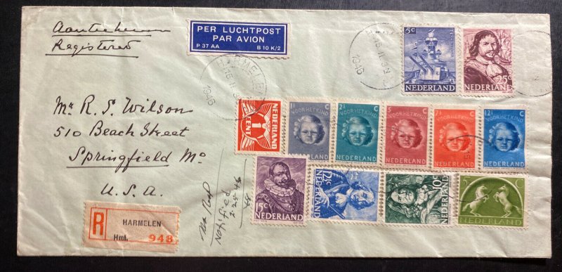 1946 Harmelen Netherlands Airmail Registered Cover to Springfield MA USA 