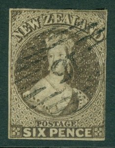 SG 85 New Zealand 1862-63. 6d black-brown on perlure paper. No watermark...