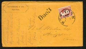 US Scott #26a on Advertising Cover NY, NY 'DUE 3' H/S Double Rate & CDS