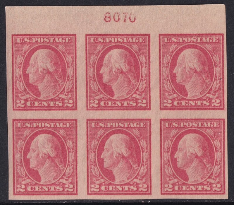 U.S Sc# 482 1916 2¢ Washington 8070 imperf plate block of six MVLH CV$30 Stk #3