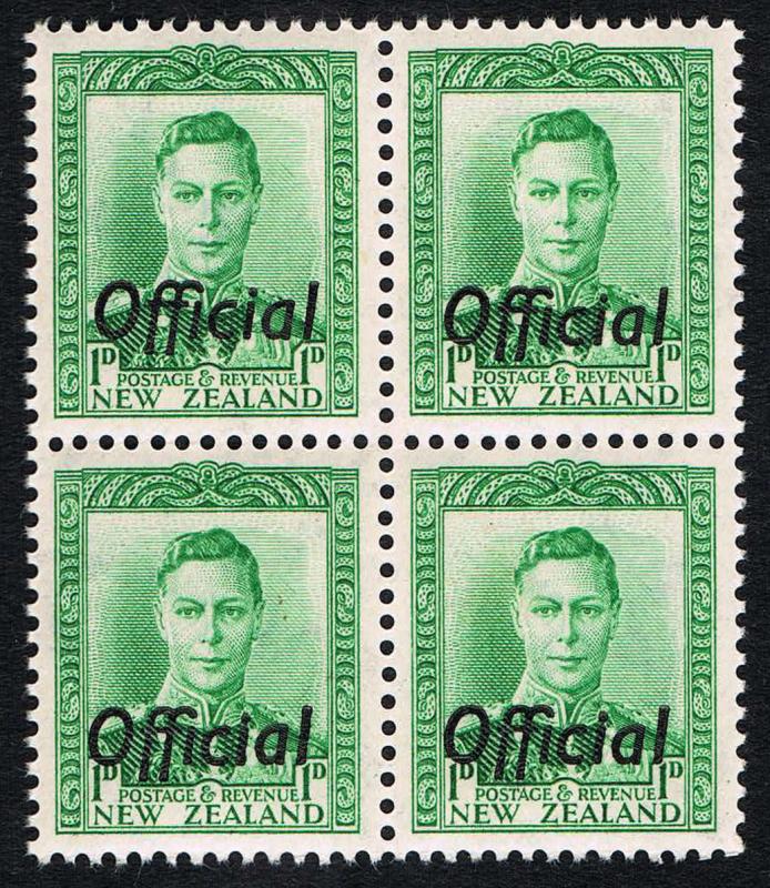 NZ - Sc# O88 Official Overprint 1D 1938 Green KG VI = MINT 2x2 Pane VF NH OG 