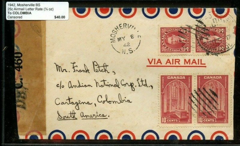1942 Mosherville, N.S. split ring to COLOMBIA South America airmail cover Canada