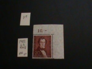 GERMANY BERLIN 1951 MNH SC 9N69 CORNER MARGIN SET XF 60+ EUROS (117)