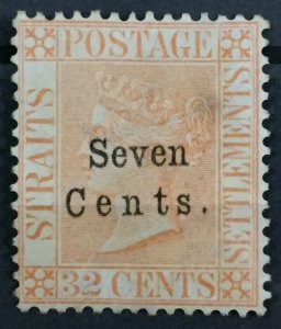 MALAYA 1879 STRAITS SETTLEMENTS QV 7c on 32c CC MNG SG#21 M1959