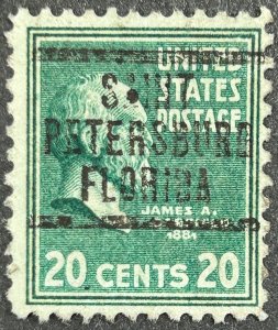 USA SC#825, 1938, 20c bright blue green, James A. Garfield, Used, F, Pre-canc...