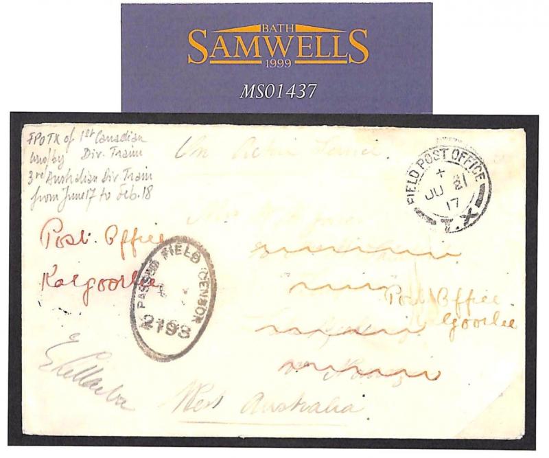 MS1437 1917 Australia Forces WW1 France *FPO.TX* MILITARY TRAIN Cover Kalgoorlie