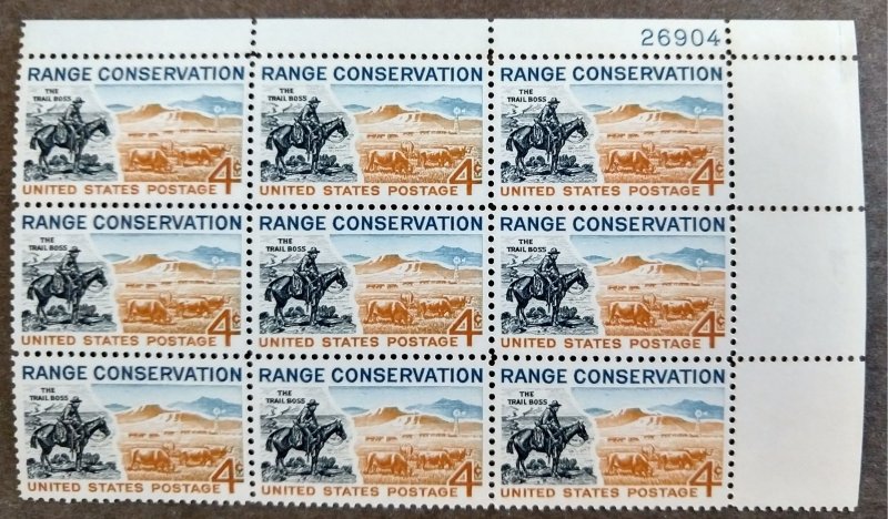 United States #1176 4c Range Conservation MNH block of 9 plate #26904 (1961)