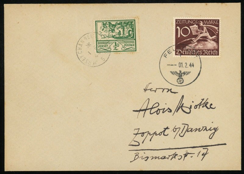 Jersey Occupation #N3 Germany #P2 Feldpost Postmark Mixed Franking 1944 WWII