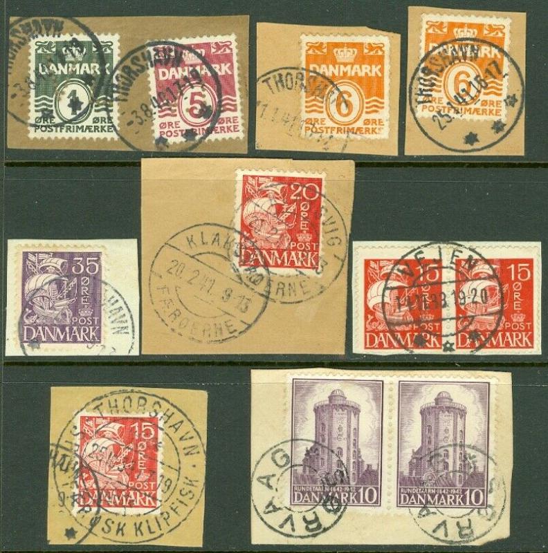 EDW1949SELL : FAROE ISLANDS 11 VF Danish stamps on pieces w/Scarce Faroe cancels