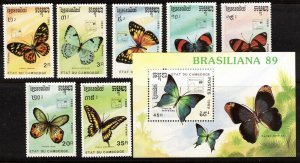 Cambodia Sc 997-1004 NH set & S/S of 1989 - BRASILIANA - Butterflies