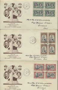 1939 #246-248 3 Royal Visit FDCs Blocks War Memorial Cachet Ottawa CDS