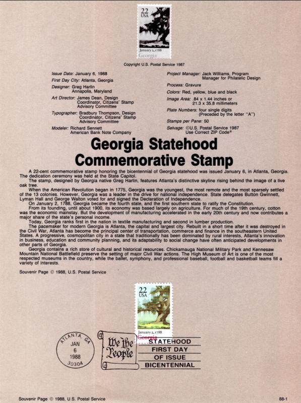 US SP803 Georgia Statehood 2339 Souvenir Page FDC