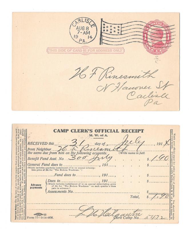 US UX24 Postal Stationery Card M.W.of A. Receipt Carlisle PA Flag Cancel 1914