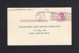 UY18r 4c Lincoln Reply Card USED REVALUED TO 5c Portola CA CANCELED