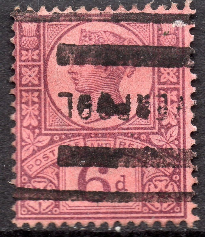 1887 Sg 208 K37(1) 6d Purple on Rose Red scarce Liverpool Roller Cancellation