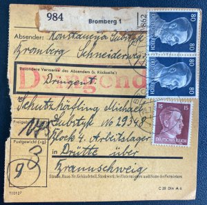 1944 Bromberg Poland Parcel Cover to Drutte Neuengamme Concentration Camp KZ