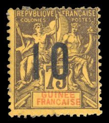 French Colonies, French Guinea #54b Cat$200, 1912 10c on 75c deep violet, wid...